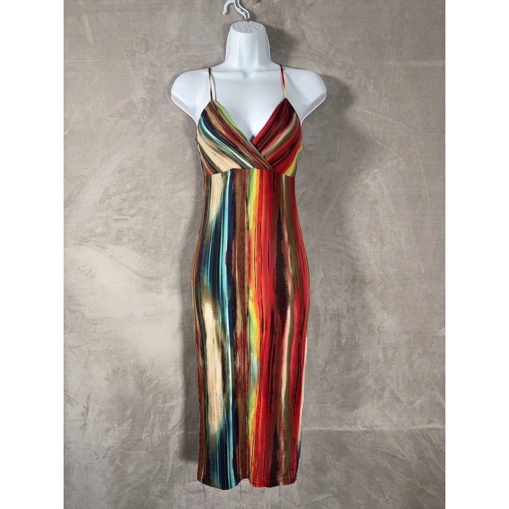 Vintage 90s Bodycon Dress Womens Small Multicolor Stripe Avant Garde Made USA